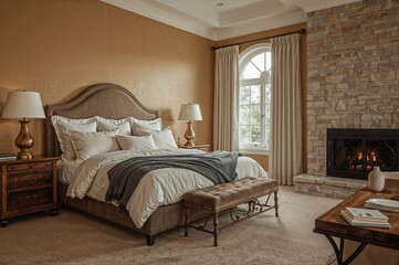 Fototapeta premium Large bedroom with king-size bed, fireplace, lamp, rug, table, and expansive window in a comfortable setting