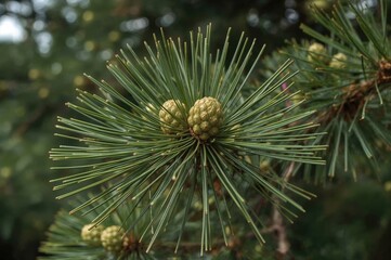 Fototapeta premium Spring season male pine cones releasing fresh pollen from pine tree