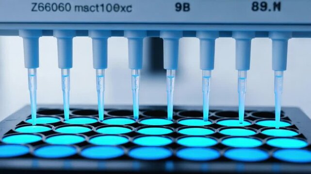 Multichannel pipette dispensing fluorescent liquid into microplate wells during a scientific experiment.