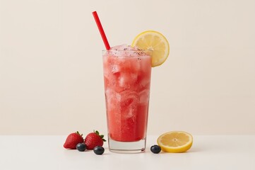 Tall glass filled with lemon slush surrounded by fruit and crushed ice on a white surface. Front perspective. Landscape layout.