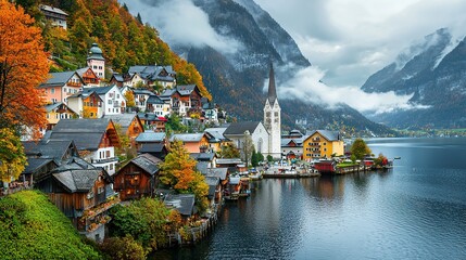 Hallstatt Austria Autumn Landscape, Lake Colorful Houses Church Europe Travel Background Concept
