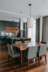 Modern Kitchen and Dining Room Interior Design with Wood Table and Gray Chairs in Apartment
