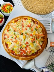 Crab stick cheese pizza with melted mozzarella, savory and delicious.