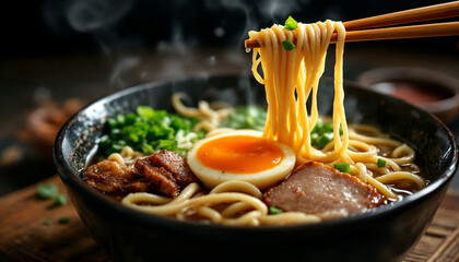 Close-up ramen bowl with noodles lifted, steam, egg, meat, warm light.
