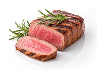 Succulent grilled steak with fresh rosemary garnish perfectly cooked to medium-rare delight white background