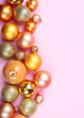 Decorative Christmas balls top view. Place to insert text.. Vertical photo format