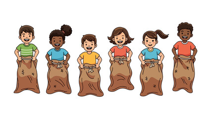 Sack Race Fun: A group of diverse children stand in burlap sacks, poised for the start of a lively sack race competition on a beautiful day, symbolizing childhood energy, friendly competition.
