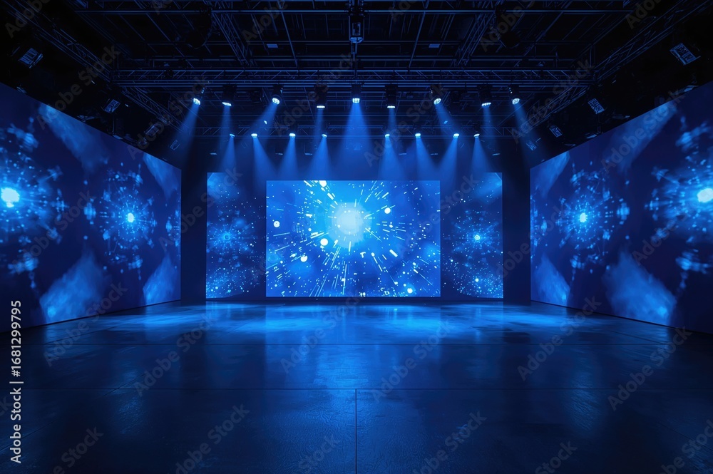 Wall mural bright lights illuminate an empty performance area with a backdrop in the background.