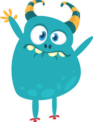 Cartoon cute monster with funny face expression waving hands. Halloween vector illustration 