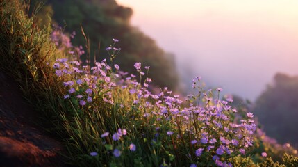 Obraz premium Purple wildflowers bloom on a hillside covered in grass background shows misty hills and soft light