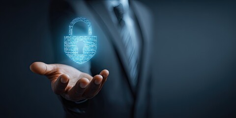 A hand holds a digital lock in mid-air, signifying security