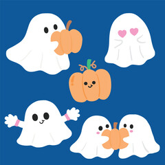 Adorable cute ghost Halloween cartoon with kawaii style. Perfect for wallpaper, background, greeting cards, fabric design, invitations, and holiday decorations.
