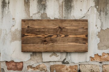 Vintage wooden sign mounted on a textured plaster wall with decorative elements. Horizontal rustic backdrop featuring an aged wooden board. Old wooden panel displayed on a weathered stone surface.