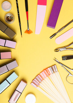 Manicure tools for creating, gel polishes, everything for the treatment of nails. Vertical photo format