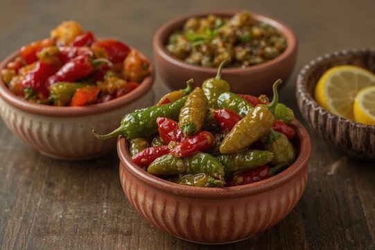 Assorted Spicy Pickles Featuring Mango, Lemon, and Chili in Ceramic Dishes