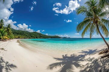 Fototapeta premium Tropical island with turquoise waters, palm-fringed sandy shore, sunny blue sky and fluffy white clouds, perfect summer getaway