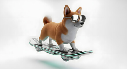 3D dog with sunglasses and futuristic flying skateboard, white background.generative ai