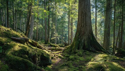 Sunlit forest path, mossy roots of giant trees