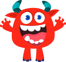 Fototapeta premium Cartoon cute monster with funny face expression waving hands. Halloween vector illustration 