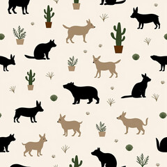 Obraz premium A charming and whimsical seamless pattern with a variety of cute desert animal silhouettes and cacti, perfect for a playful and modern nursery or fabric design. 