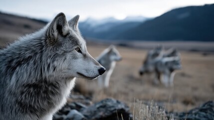 Obraz premium a pack of wolves in a field in the steppe