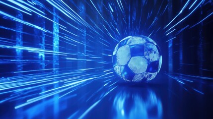 Futuristic blue soccer ball with light streaks, embodying speed and innovation