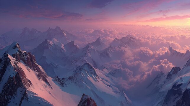 High-altitude view of snow-capped mountain ranges at sunset, with clouds