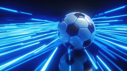 Futuristic soccer concept with blue light trails and dynamic digital effects