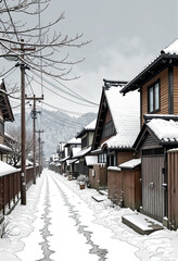 A serene and peaceful winter scene of a traditional Japanese village street covered in fresh snow, creating a beautiful, nostalgic, and tranquil atmosphere.
