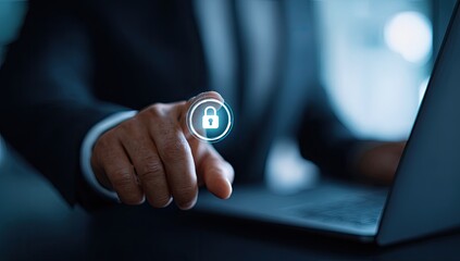Close-up of a hand touching a digital lock icon on a laptop