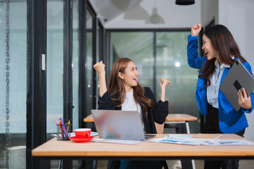 Happy and excited young Asian woman after discussing successful project at work and working concept at office.