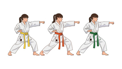 Karate Practitioners in Action: A visual study of three karate practitioners, each donning a different belt color – yellow, orange, and green. This image is a focused. © Atiya