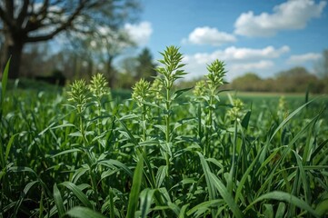 Fototapeta premium Spring alfalfa crop with lush green grass on the left