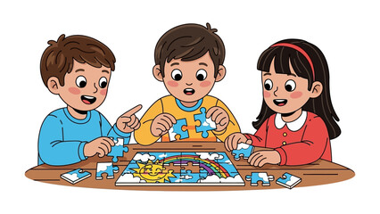 Kids play puzzle: Young children collaborate over a colorful puzzle, highlighting the joy of teamwork and problem-solving.