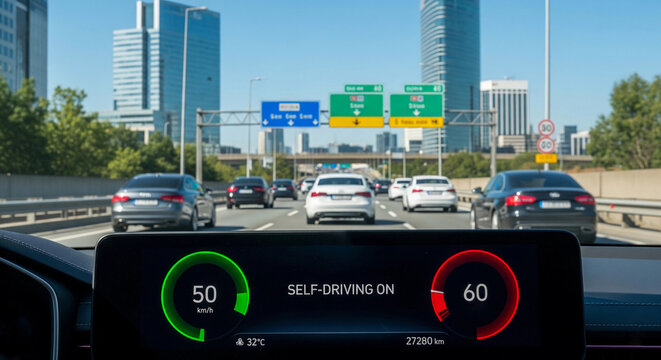 Modern car with autopilot driving on a highway in urban setting. Dashboard shows self-driving mode active. Concept of autonomous vehicles, AI technology, and smart transportation.	