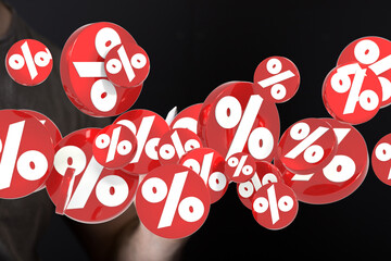 3D rendered image of red percentage symbols falling on a black background. Perfect for sale and...
