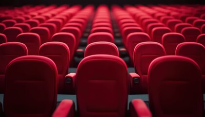 Obraz premium Empty Red Chairs Fill The Cinema Theater In A Low-Key Photo. The Seats Offer A Sense Of Anticipation And Stillness.