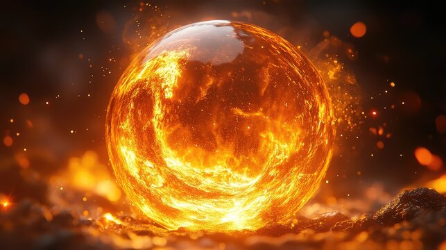 Fiery orb of fire on dark ground, cosmic background