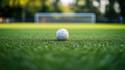 Focused football ball on a vivid green sports field under the open sky