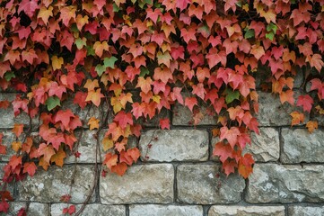 Colorful autumn ivy draping a stone barrier with red, orange, and green foliage, showcasing a seasonal spectacle and natural texture in an urban setting