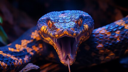 Close-up photo of a venomous snake with open mouth displaying fangs and tongue