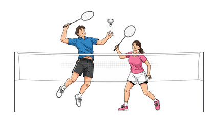 Badminton Match: dynamic illustration of a badminton match, with two players engaging in a high-energy rally. The image conveys the focus, skill, and fun of badminton. 