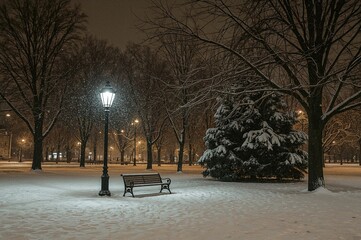 Silent winter night in an empty park with snow-covered trees and a bench illuminated by lantern light amid gently falling snowflakes