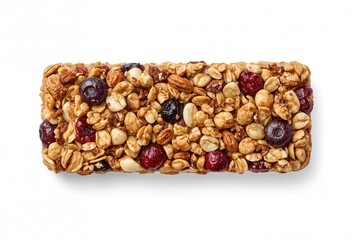 Granola snack bar packed with nuts and berries, perfect for energy boost. Protein muesli bars displayed on a white backdrop. Oat-based sports bar from above view.