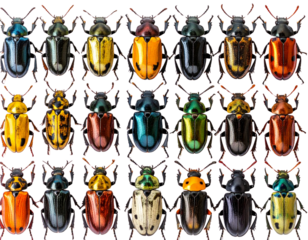 Vibrant Exotic Beetles in Symmetrical Grid, Top-Down View, Isolated on Transparent Background