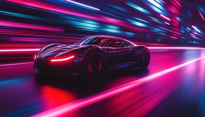 Obraz premium Night City Car Speeding Down The Road With Retro Wave Neon Noir Lights, Creating A Mysterious And Atmospheric Toning.