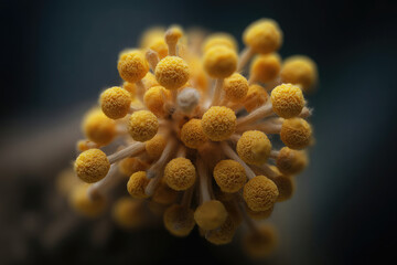 Close up of a bright yellow flower bud cluster with a dark blurred background