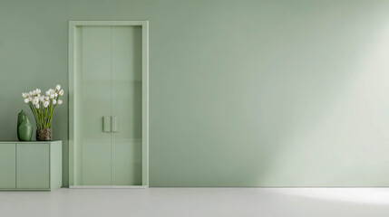 Modern light green interior with clean lines, tulip flowers, and simple furniture. Great for home design, real estate, or lifestyle concepts.