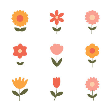 Flower set with colorful floral elements flat vector illustration