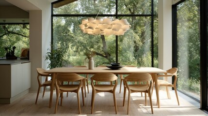 Fototapeta premium Scandinavian kitchen dining space, oak dining set, minimal pendant lights, large windows with natural light 